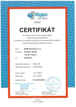 Certifikát - montáž konstrukcí suché výstavby Rigips